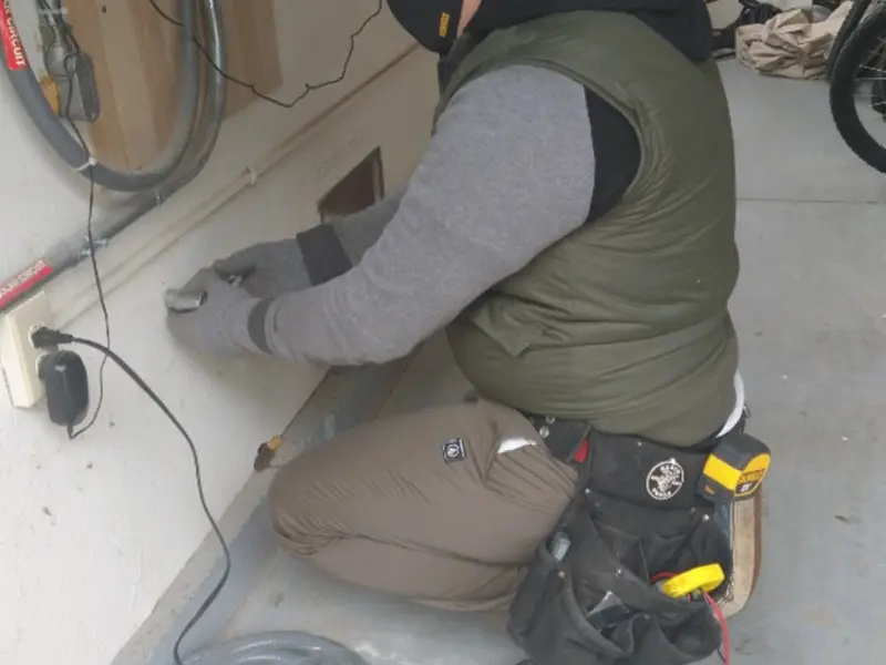 Electrician performing outlet wiring in a Hilliard garage